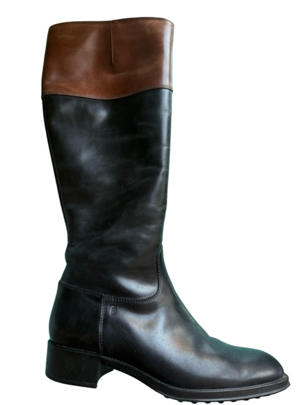 Tod’s Progetto Gomma Two Tone Leather Knee High Riding Boots Black Brown Size 36 - Picture 13 of 14